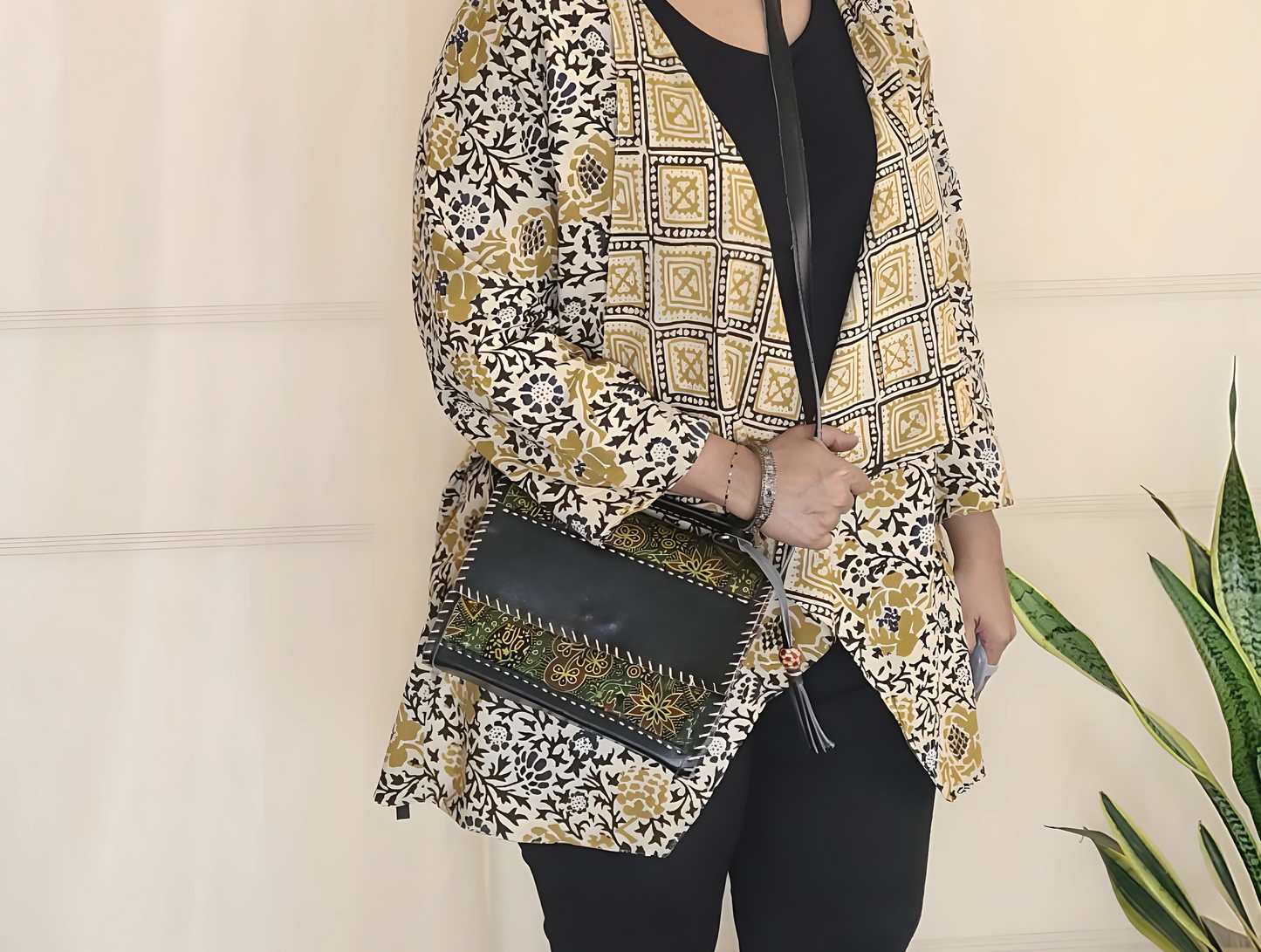 Leather Sling bag - with Ajrakh patch