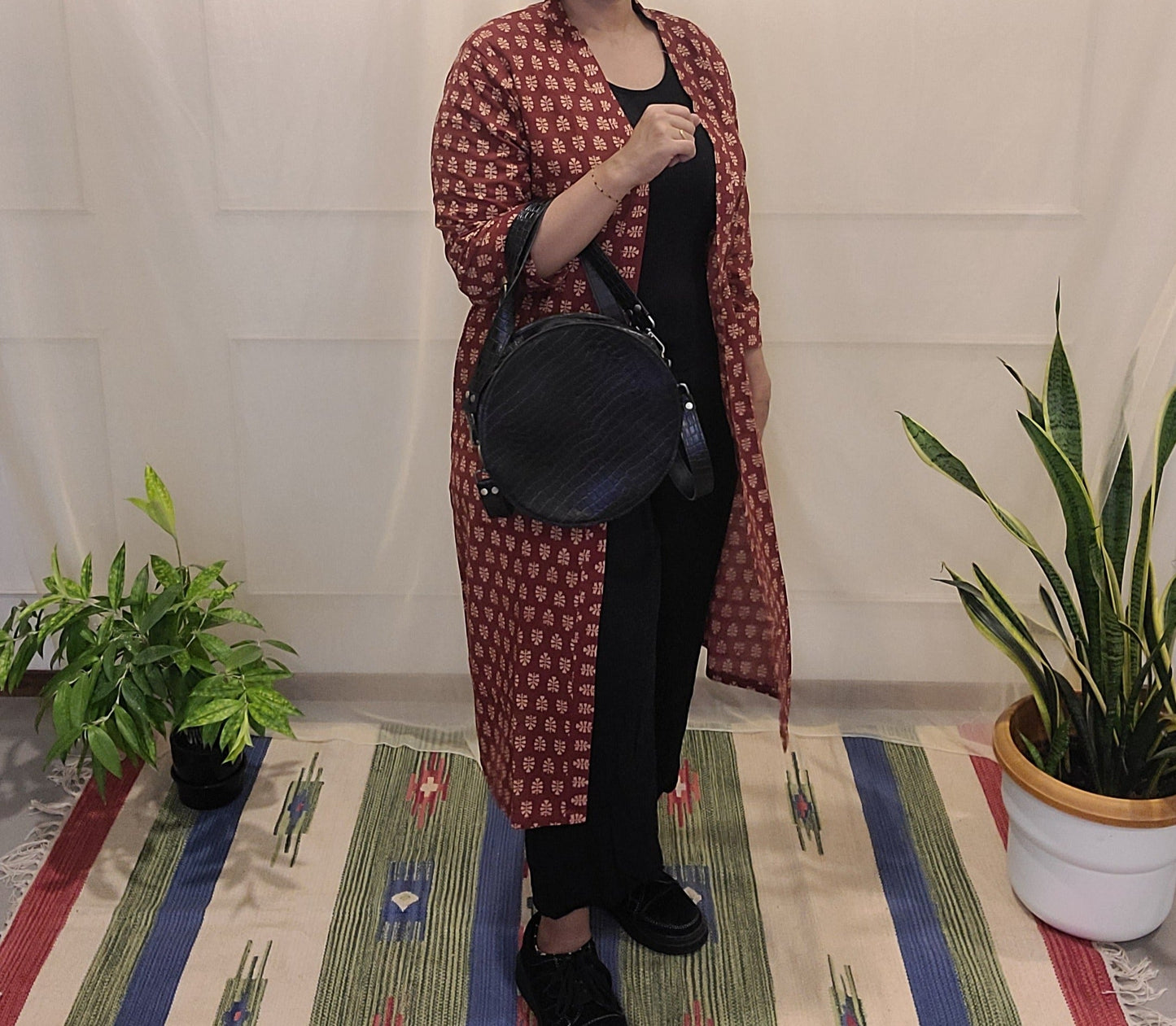Kutch Leather Sling bag - Rattan style round bag