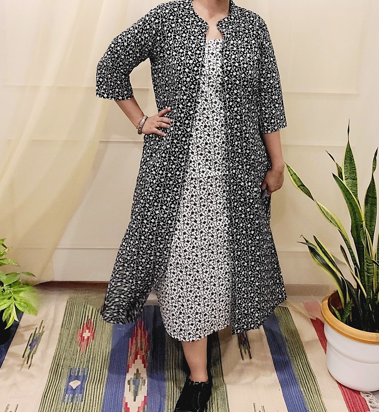 Sleevless mehendi green long cotton dress with printed Shrug - My Store