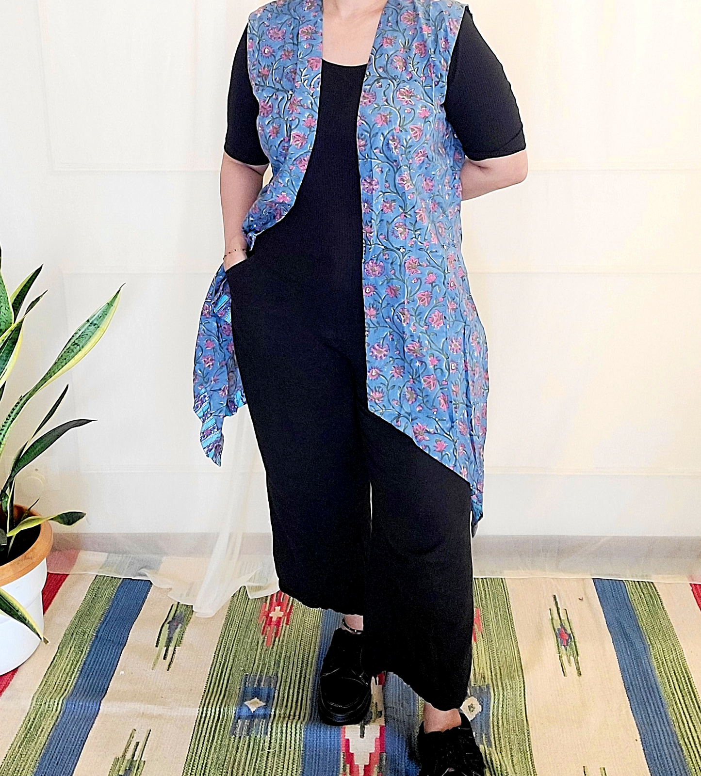 Blue floral Sleevless Designer Long cotton, block printed Shrug