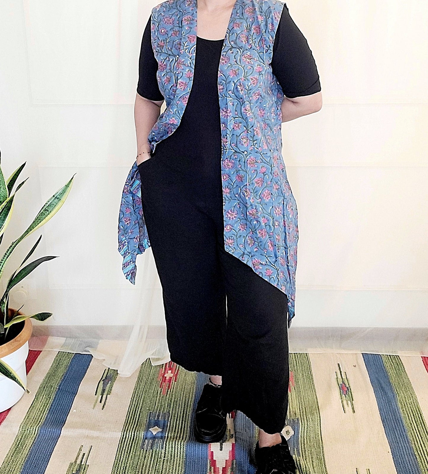 Blue floral Sleevless Designer Long cotton, block printed Shrug