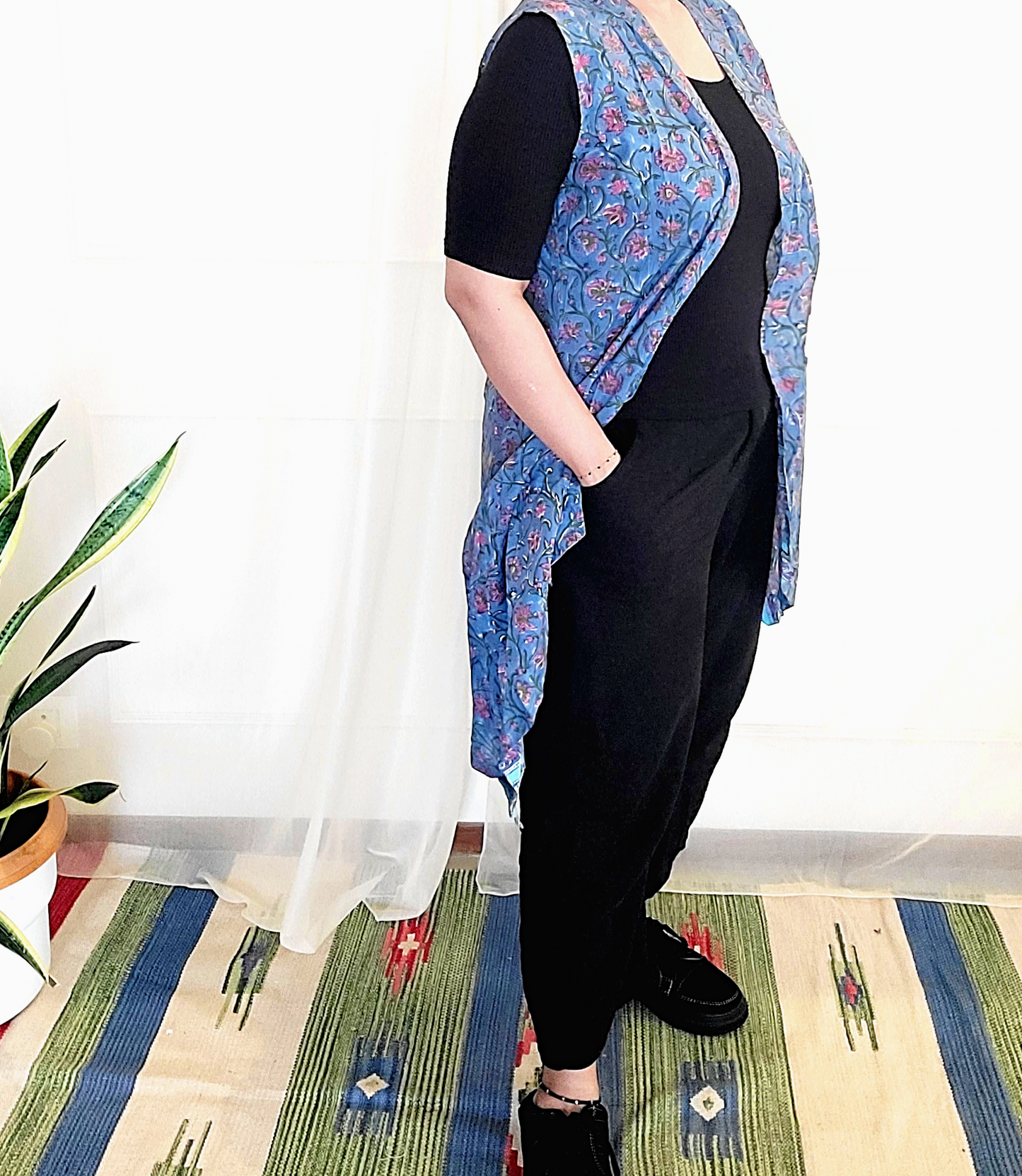 Blue floral Sleevless Designer Long cotton, block printed Shrug