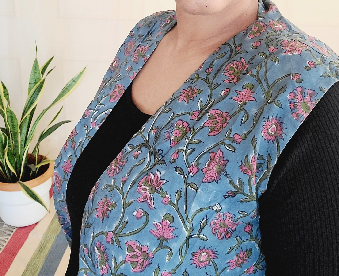 Blue floral Sleevless Designer Long cotton, block printed Shrug