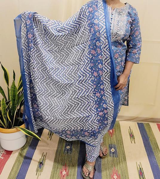 Block Pirinted Salwar set 3 piece- kurta, pyjama and dupatta set