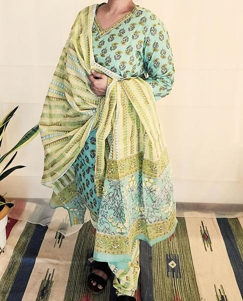 Block Pirinted Salwar set 3 piece- kurta, pyjama and dupatta set