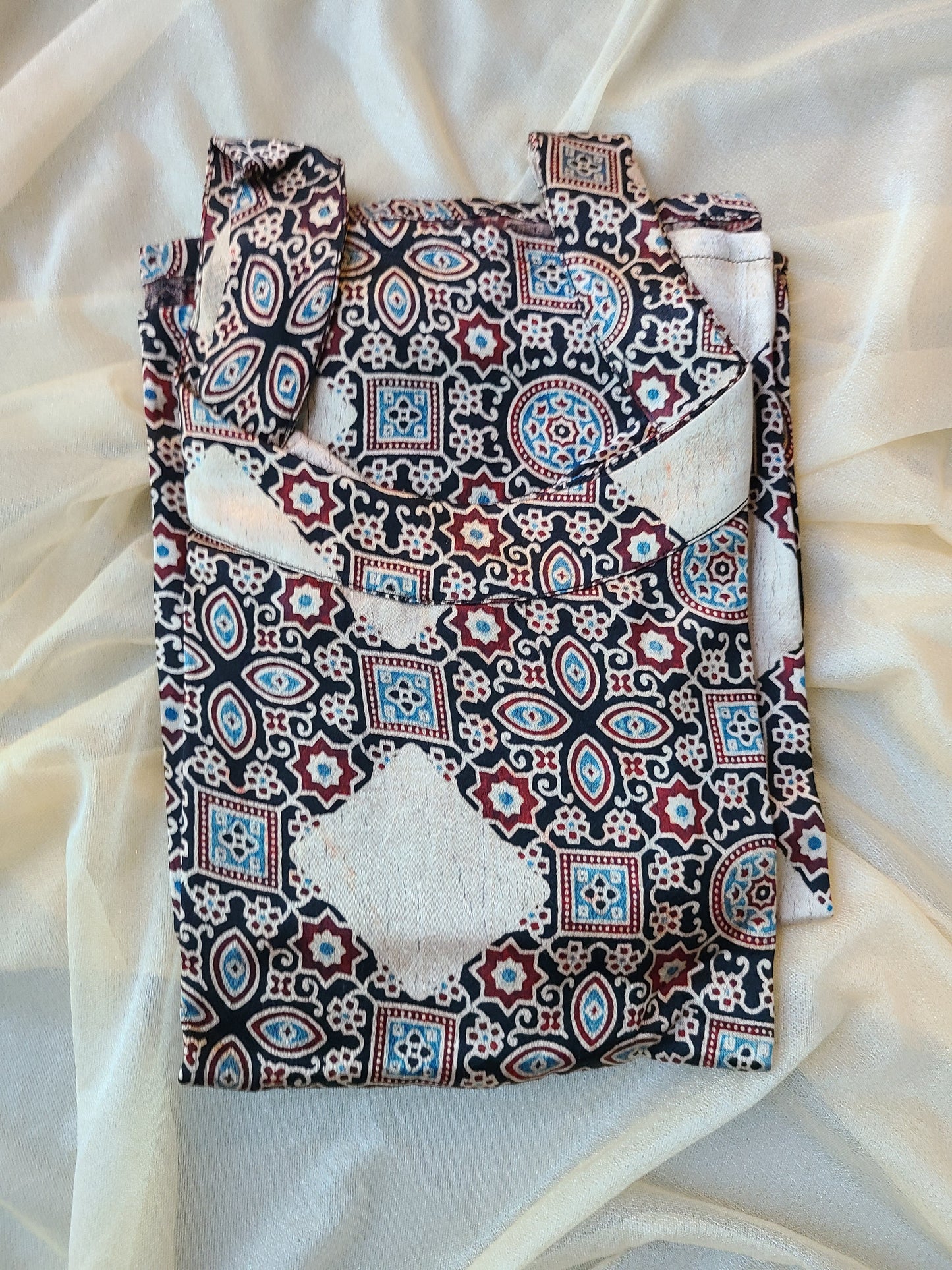 Ajrak Metallic Grey- Black Mashru Silk, Long Kurta - My Store