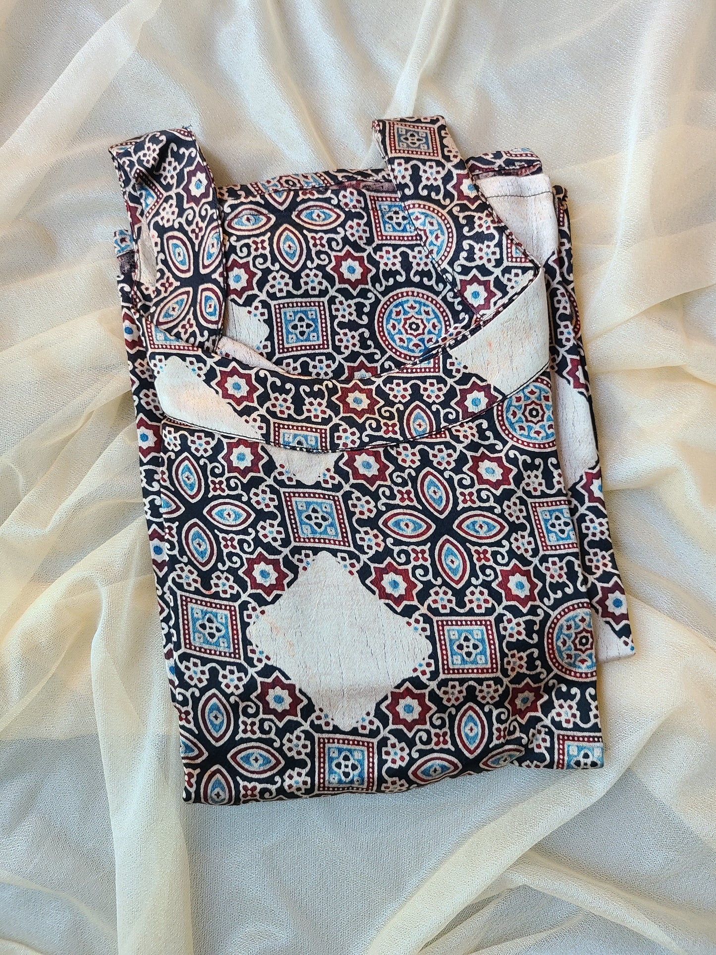 Ajrak Metallic Grey- Black Mashru Silk, Long Kurta - My Store
