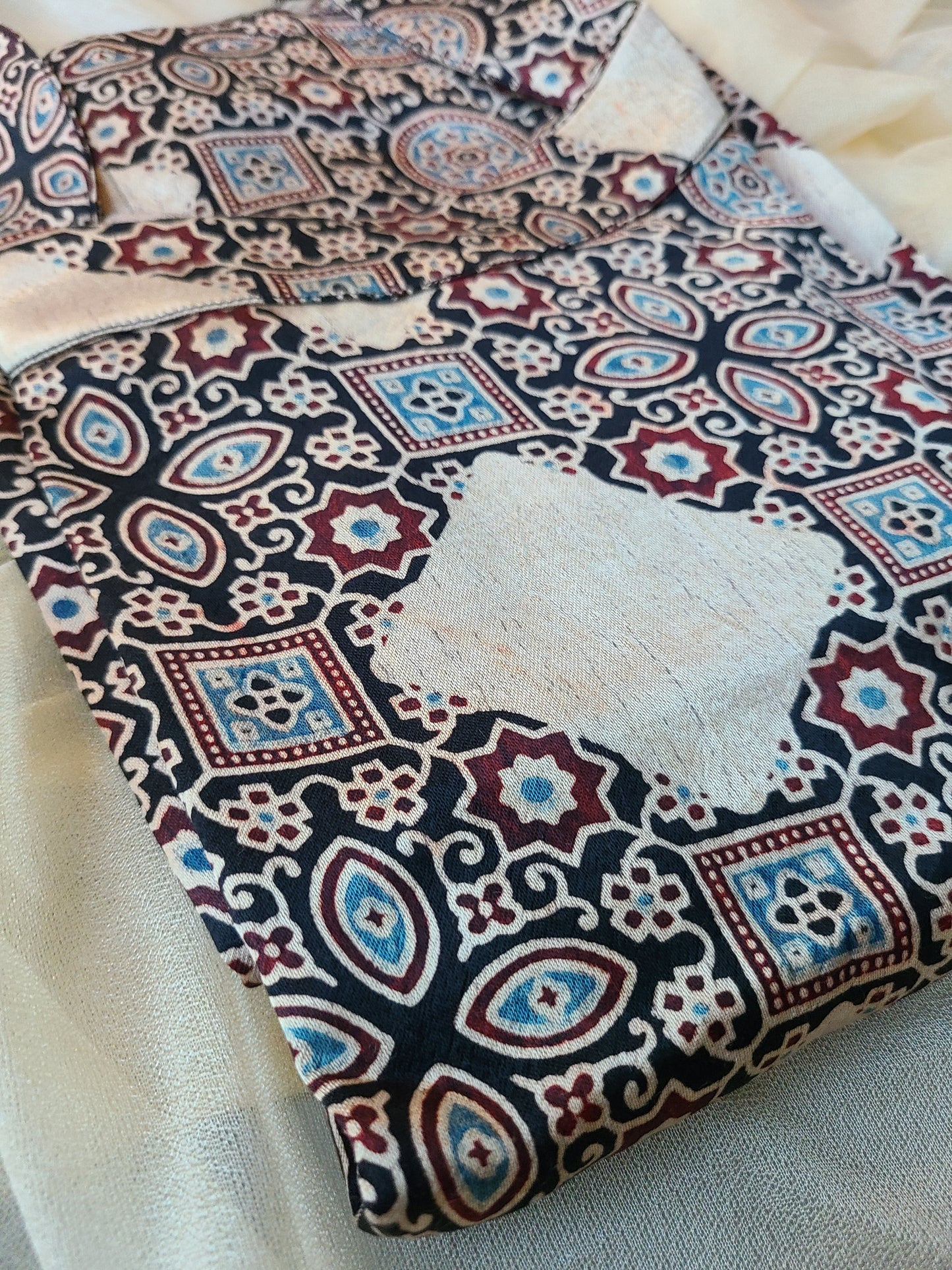 Ajrak Metallic Grey- Black Mashru Silk, Long Kurta - My Store