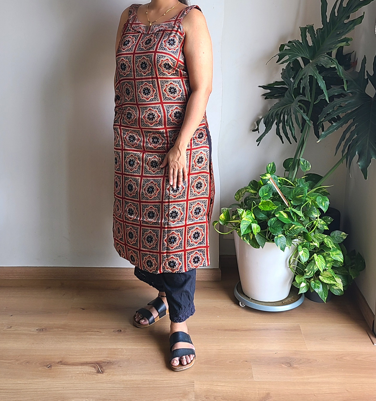 Ajrak Metallic Grey- Black Mashru Silk, Long Kurta - My Store