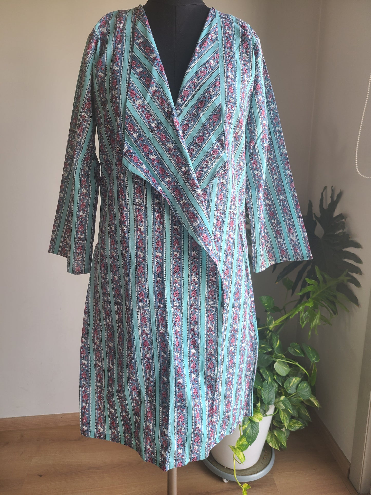 Blue floral Designer Long cotton block printed Shrug