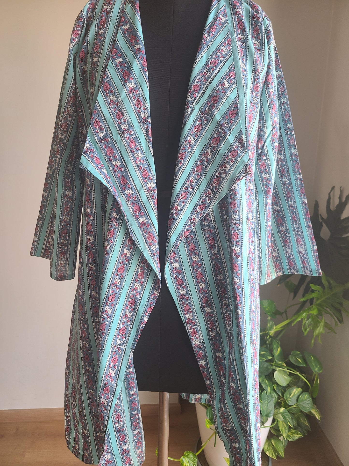 Blue floral Designer Long cotton block printed Shrug
