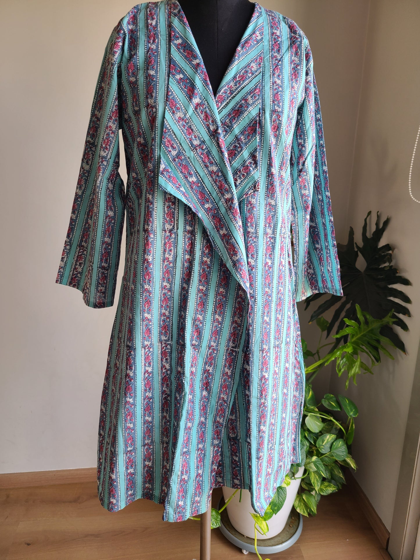 Blue floral Designer Long cotton block printed Shrug