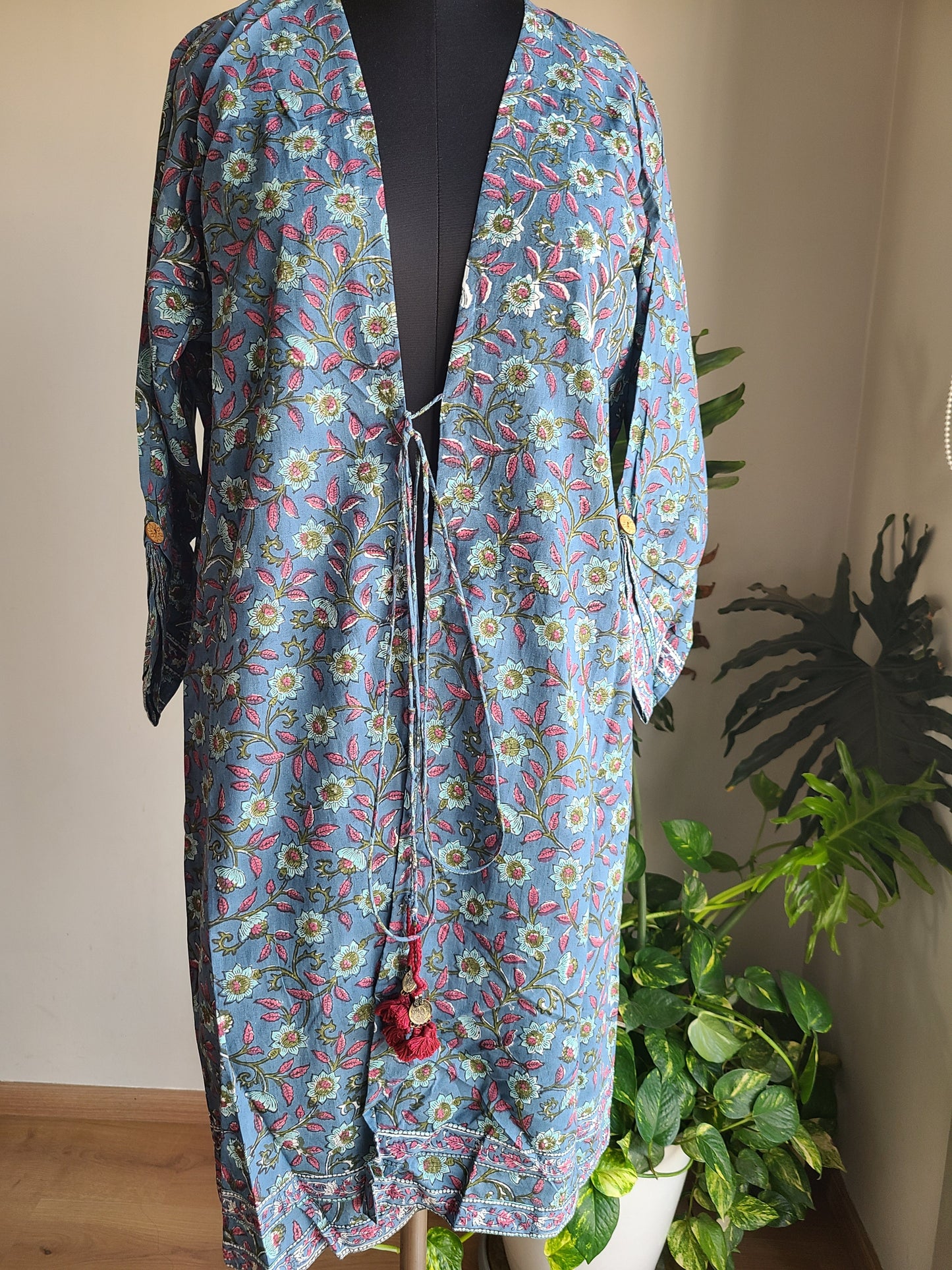 Blue floral Designer Long cotton block printed Shrug