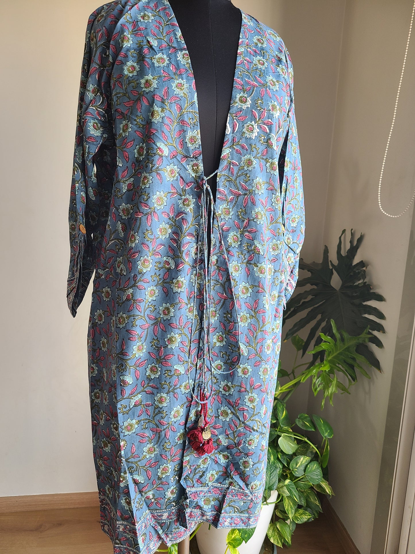 Blue floral Designer Long cotton block printed Shrug