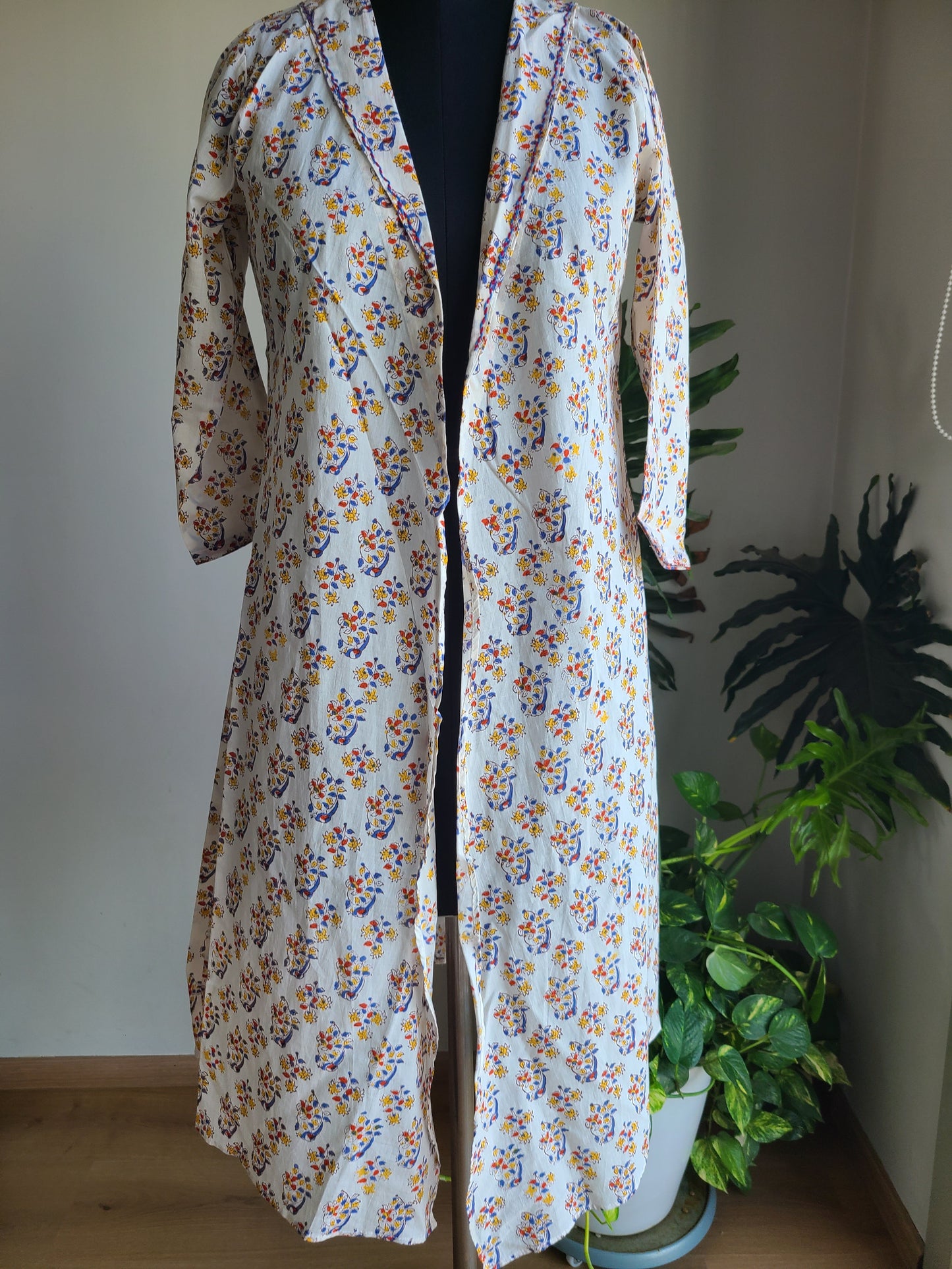 Beige Designer Long cotton block printed Shrug