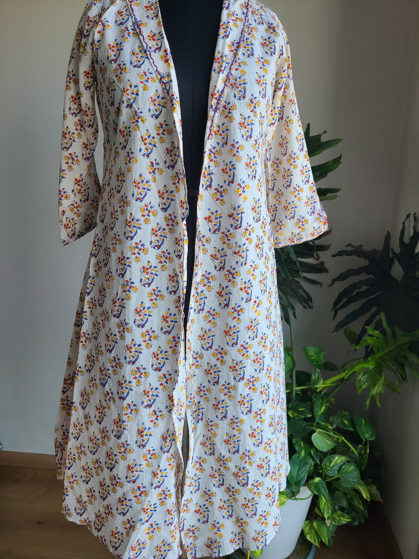 Beige Designer Long cotton block printed Shrug