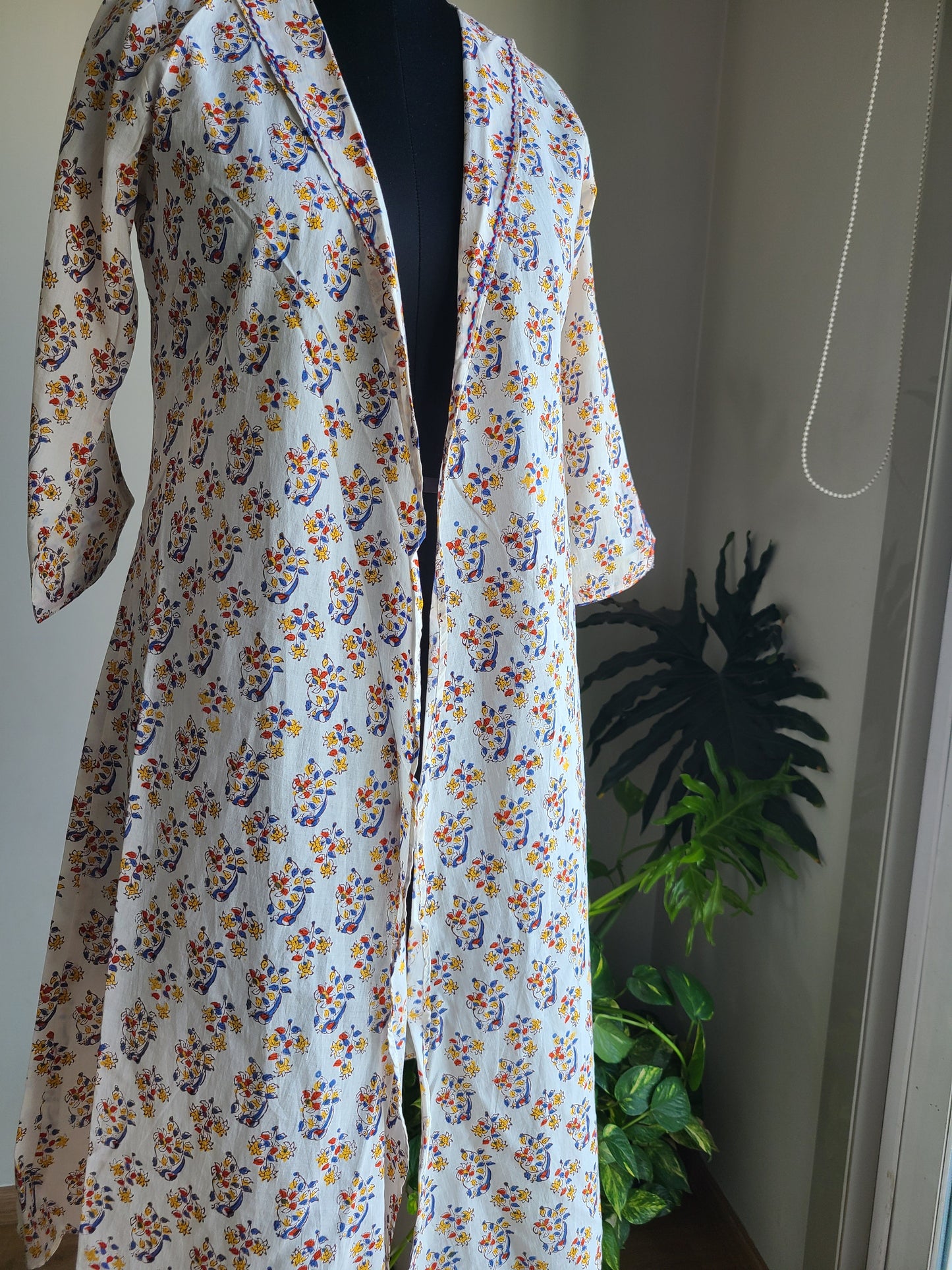 Beige Designer Long cotton block printed Shrug