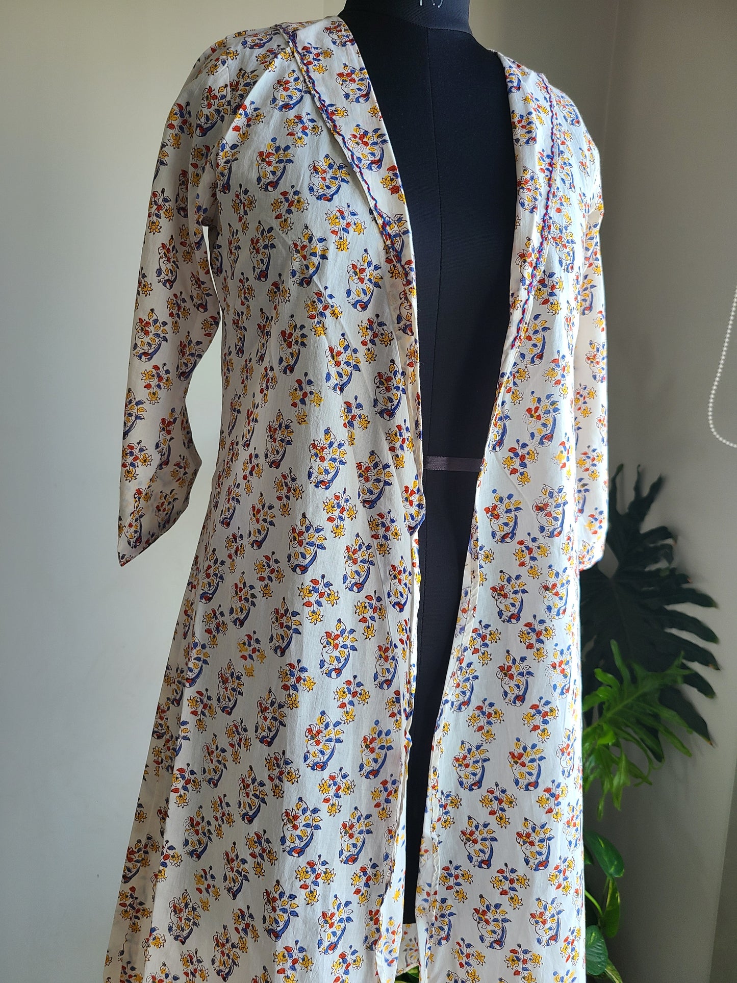 Beige Designer Long cotton block printed Shrug