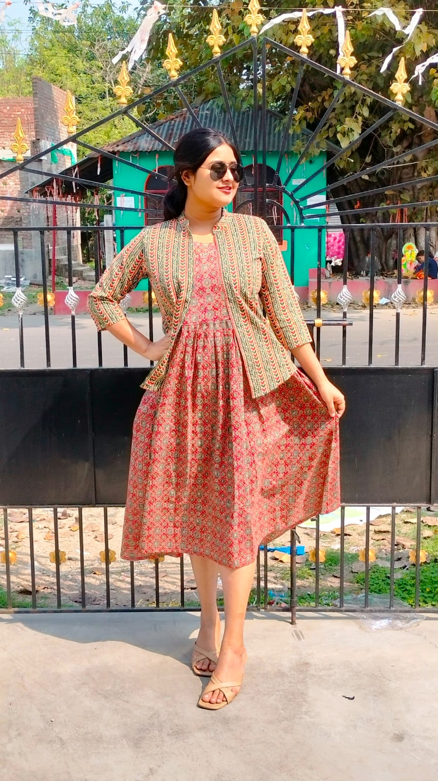 Sleevless printed Short cotton dress with mustard Shrug - My Store