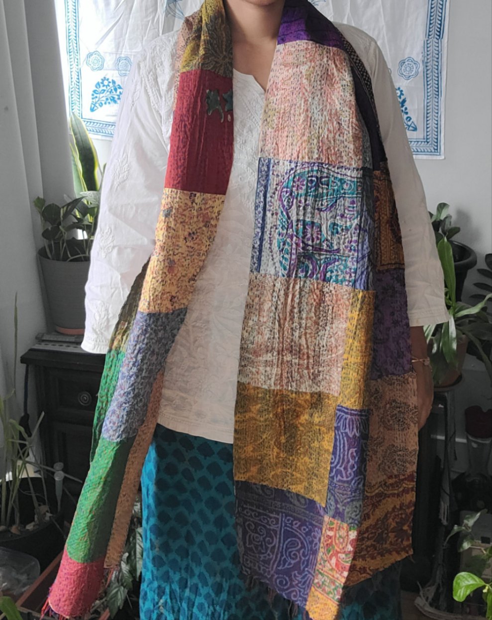 Multi-Colour Patchwork Silk Kantha Stole - My Store