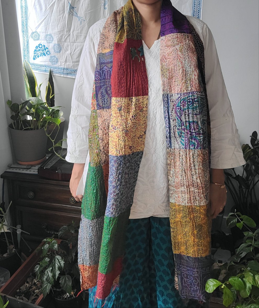 Multi-Colour Patchwork Silk Kantha Stole - My Store