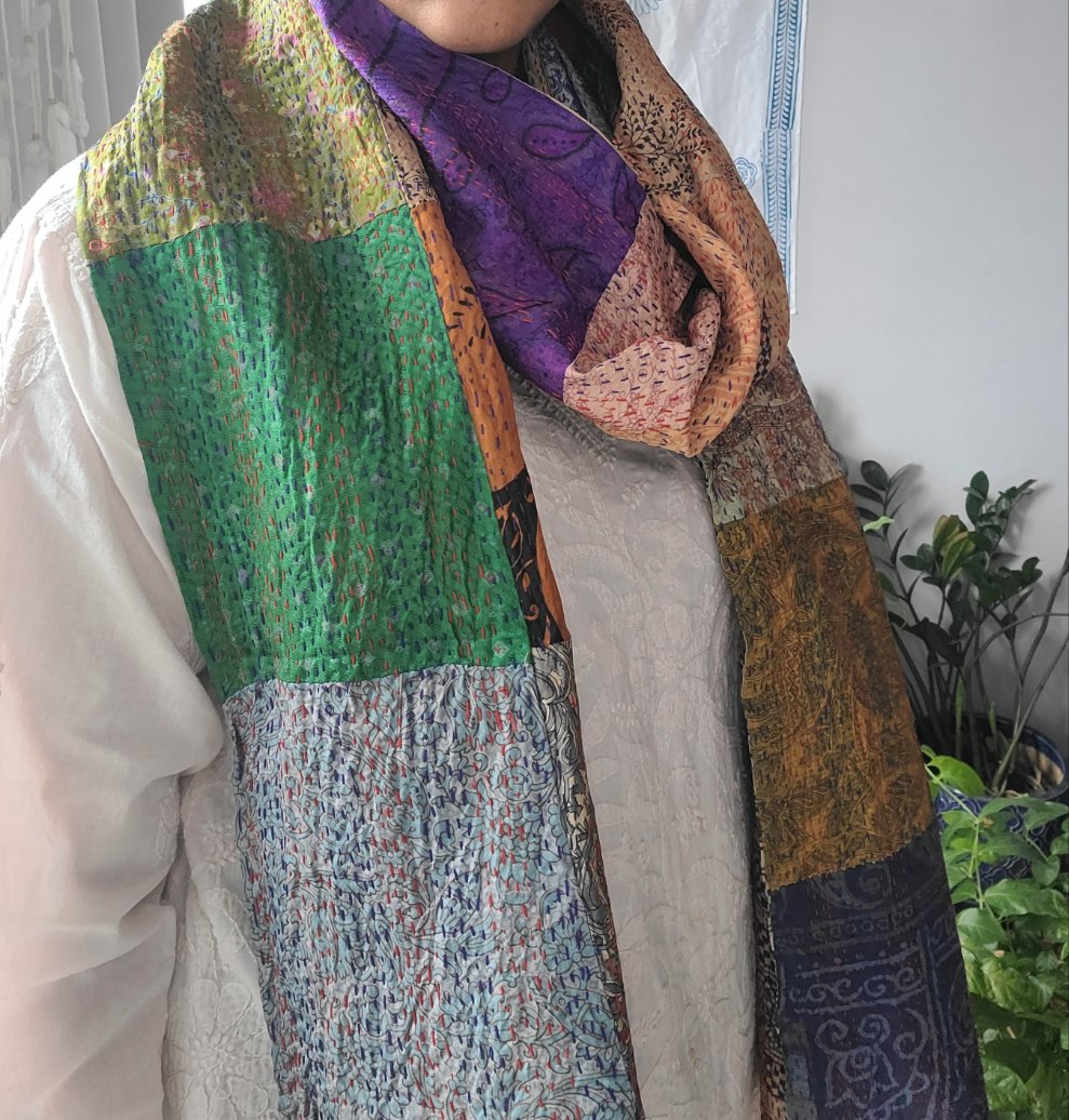 Multi-Colour Patchwork Silk Kantha Stole - My Store