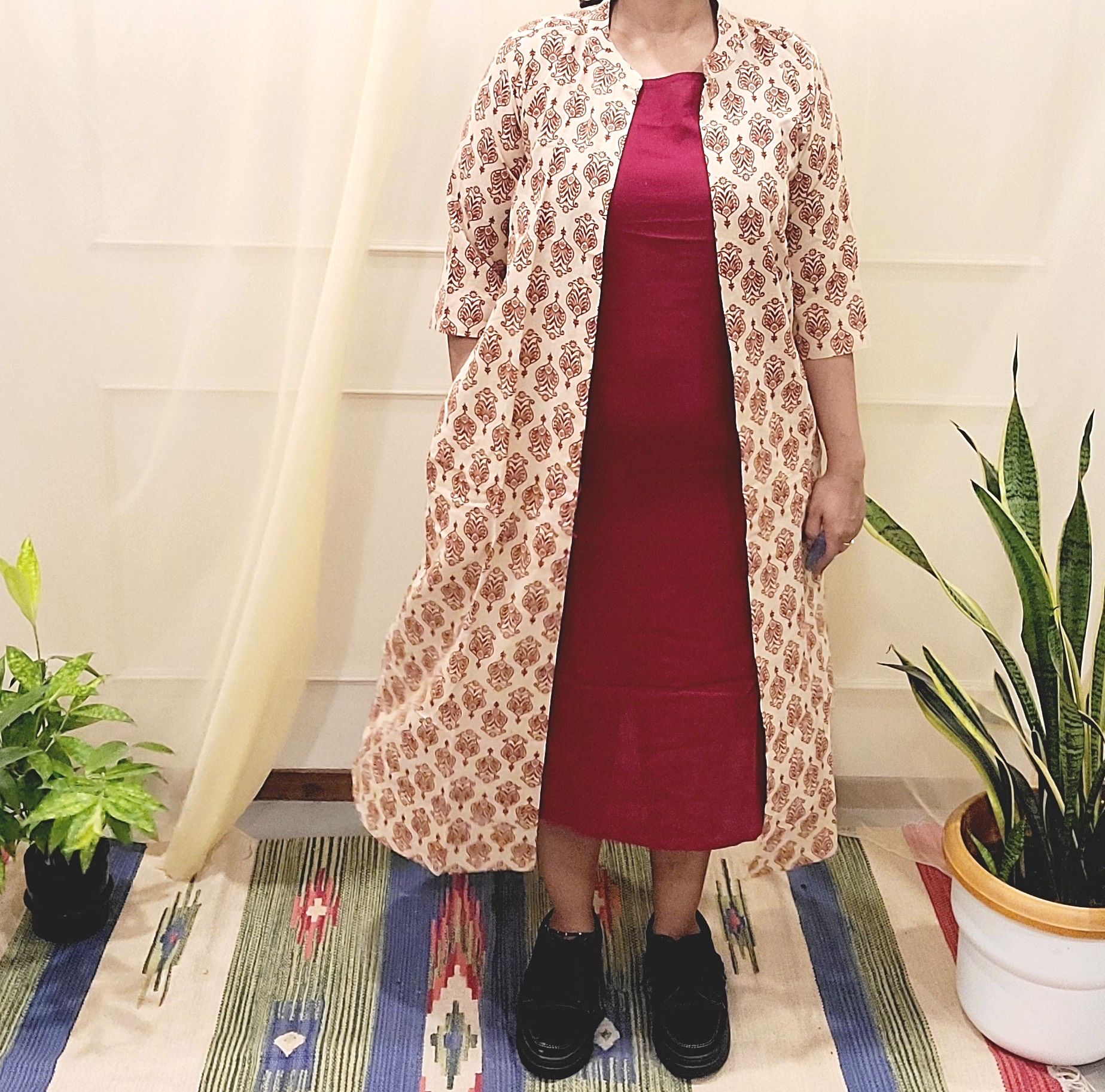 Sleevless red long cotton dress with beige block printed Shrug - My Store