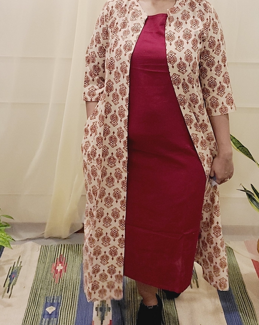 Sleevless red long cotton dress with beige block printed Shrug - My Store