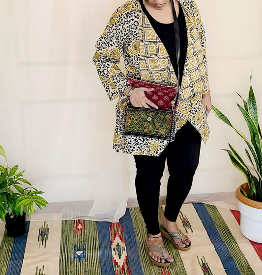 Leather Sling bag - with Ajrakh patch