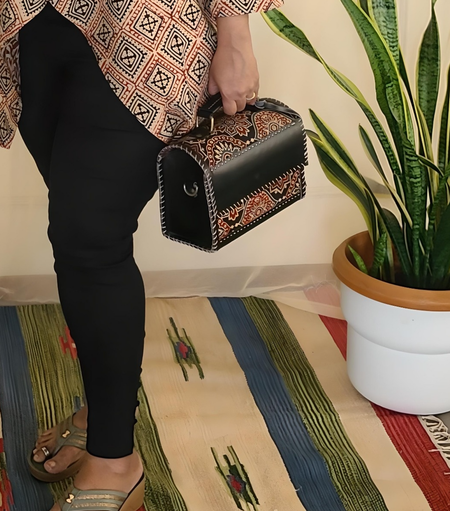 Leather Sling bag - with Ajrakh patch