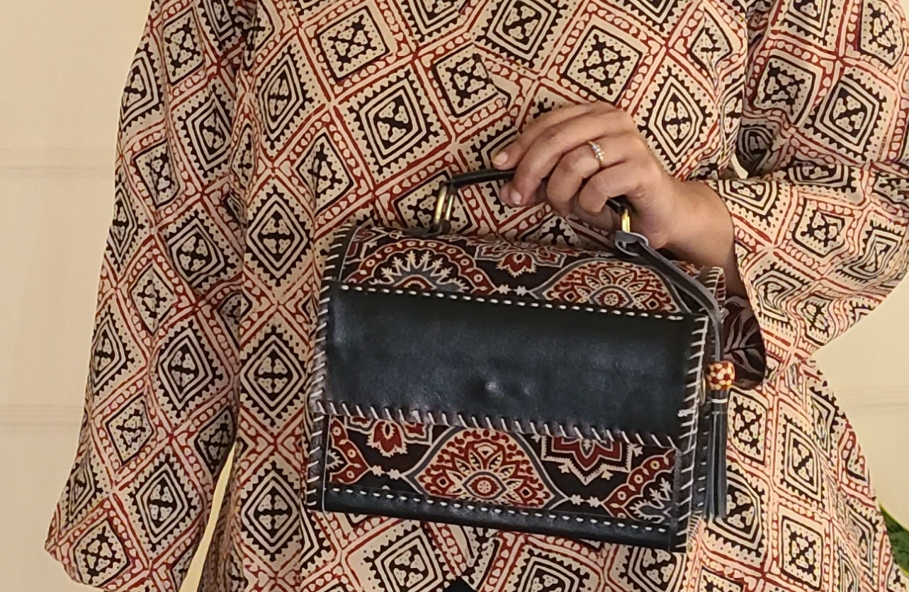 Leather Sling bag - with Ajrakh patch