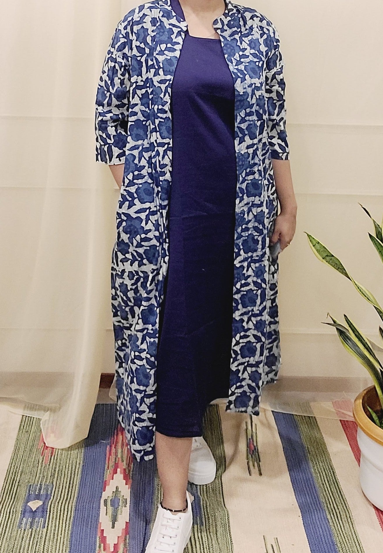 Sleevless red long cotton dress with printed indigo Shrug - My Store