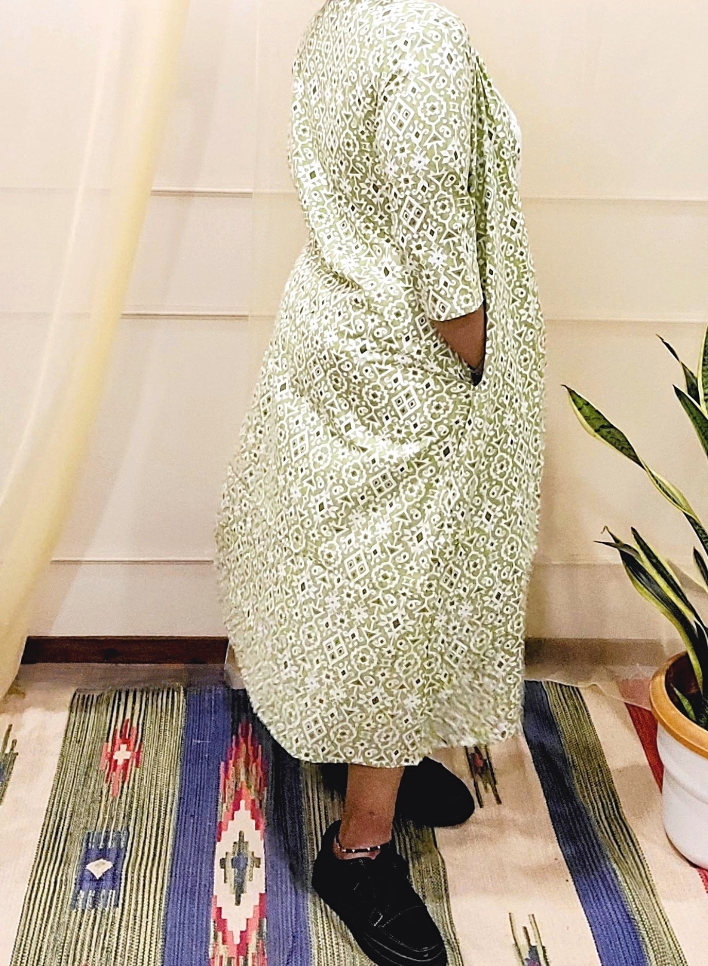 Sleevless printed long cotton dress with pista green Shrug - My Store