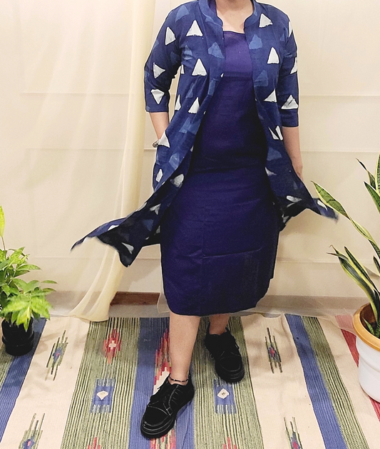 Sleevless indigo long cotton dress with indigo printed Shrug - My Store