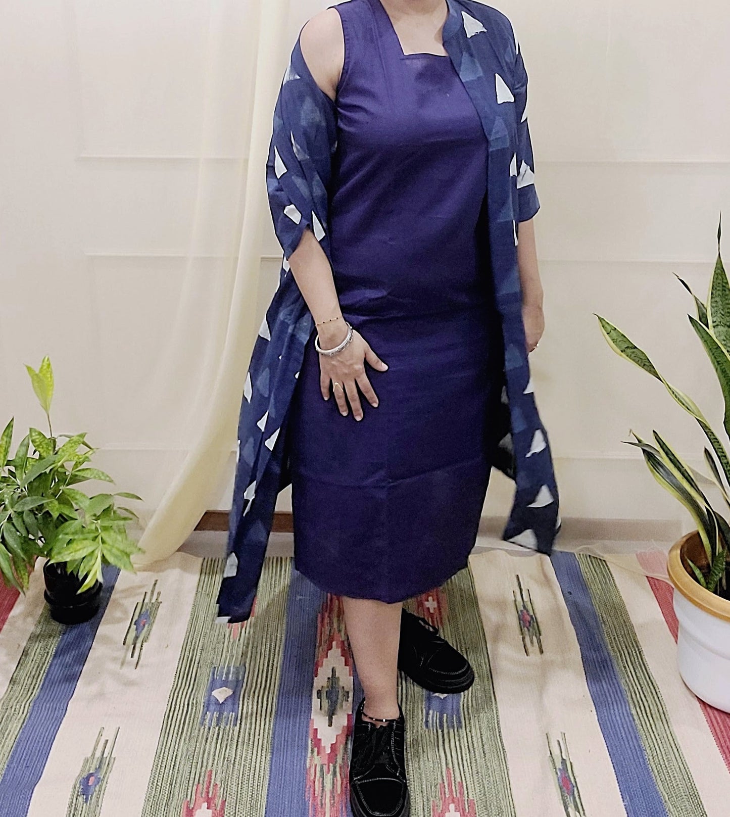 Sleevless indigo long cotton dress with indigo printed Shrug - My Store