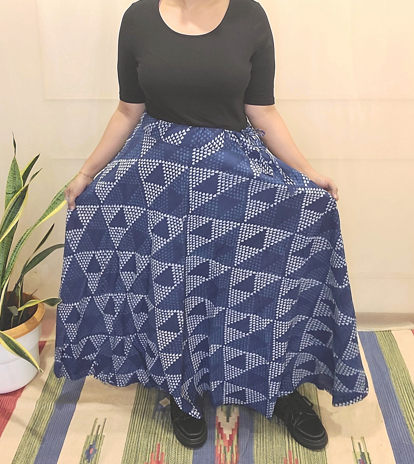 Indigo Cotton Block Printed Skirt