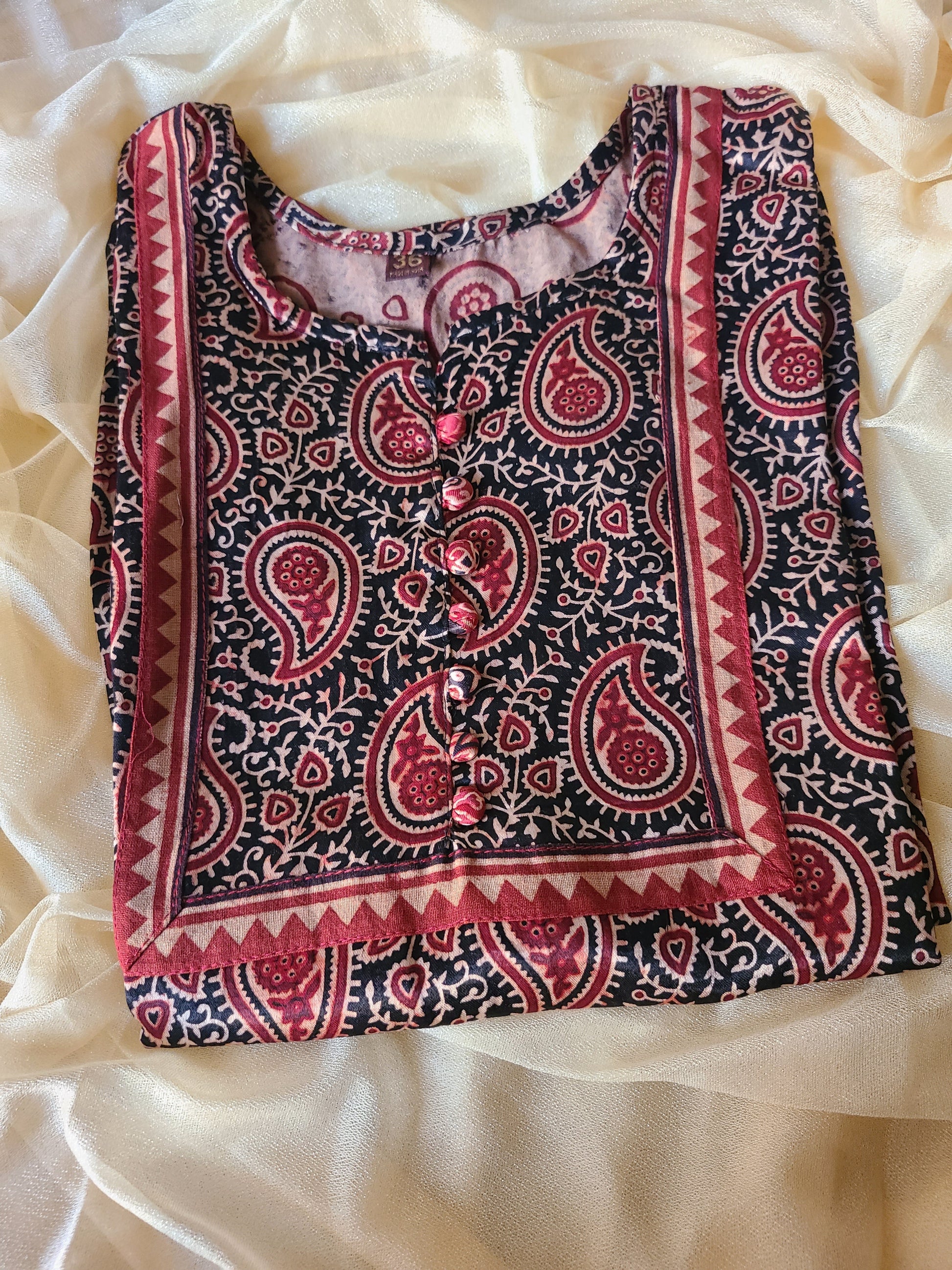 Ajrak Red-Black Mashru Silk, Long Kurta - My Store