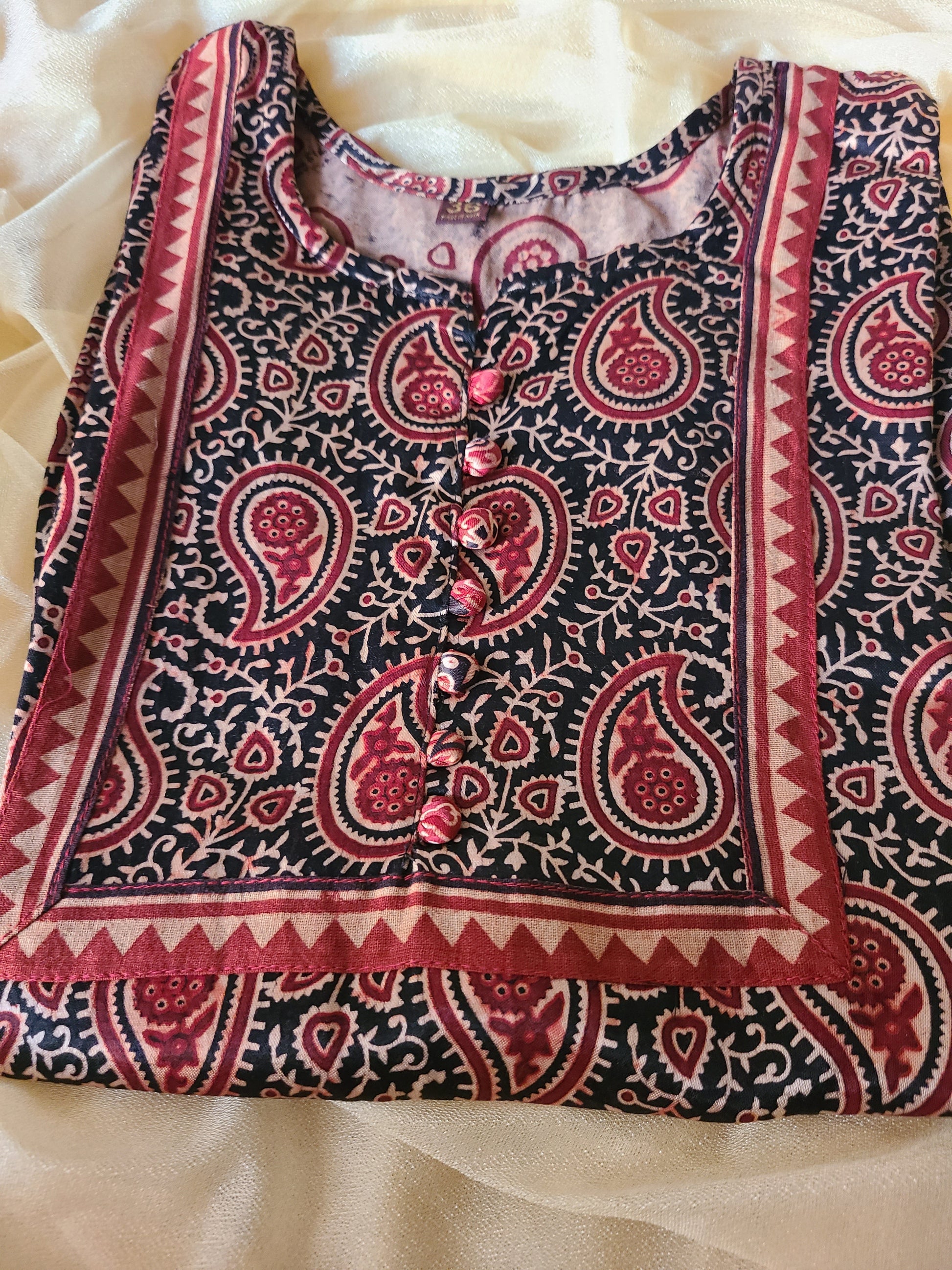 Ajrak Red-Black Mashru Silk, Long Kurta - My Store