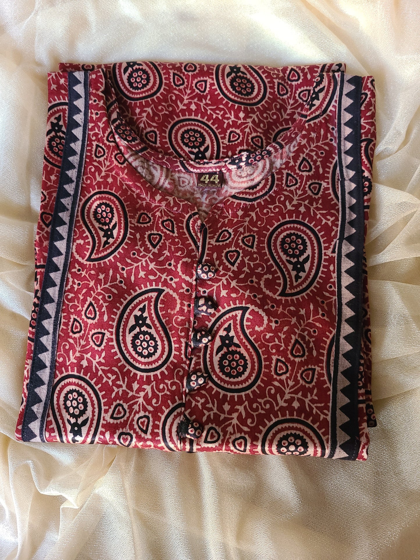 Ajrak Red-Black Mashru Silk, Long Kurta - My Store