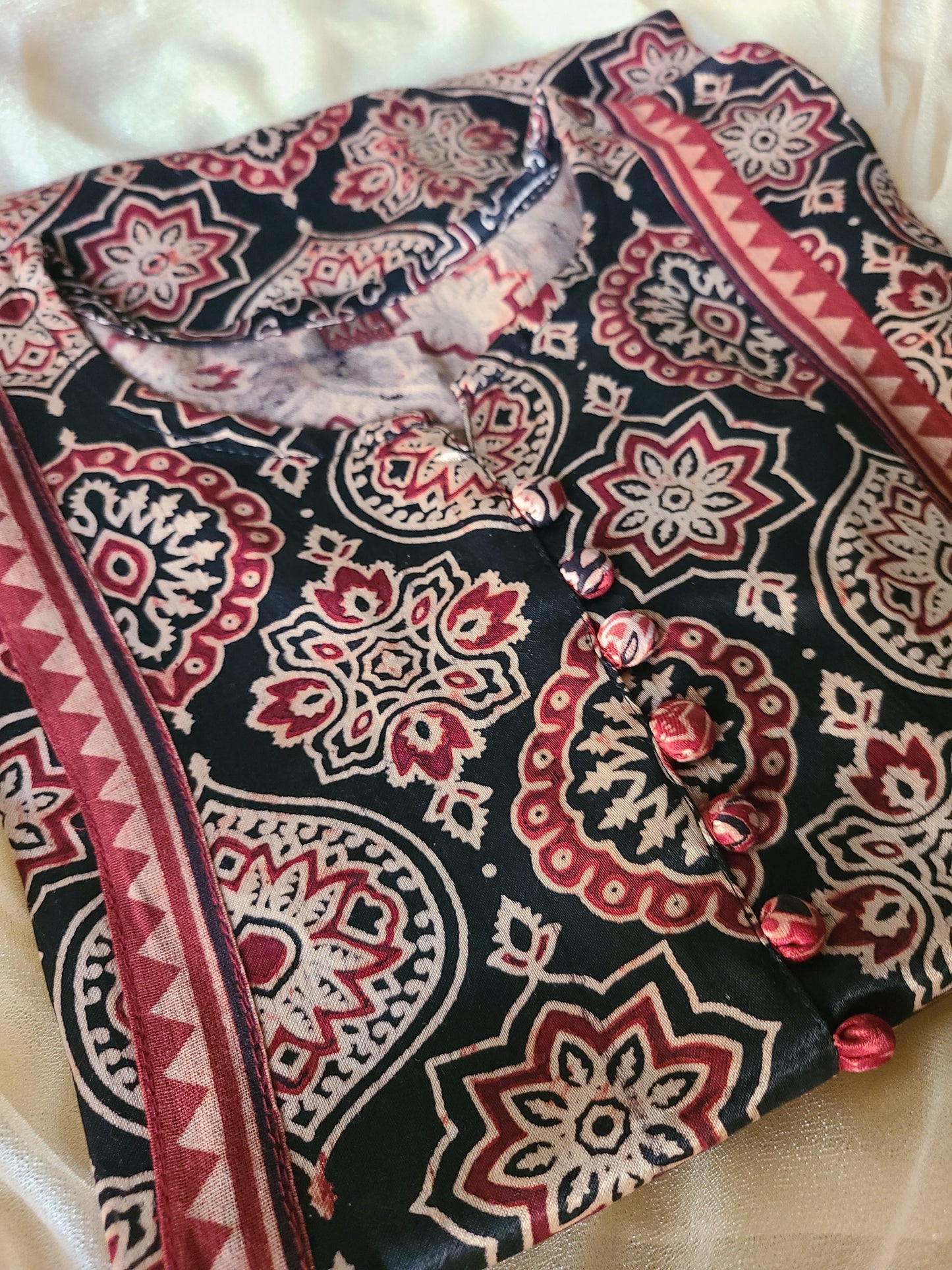 Ajrak Red-Black Mashru Silk, Long Kurta - My Store