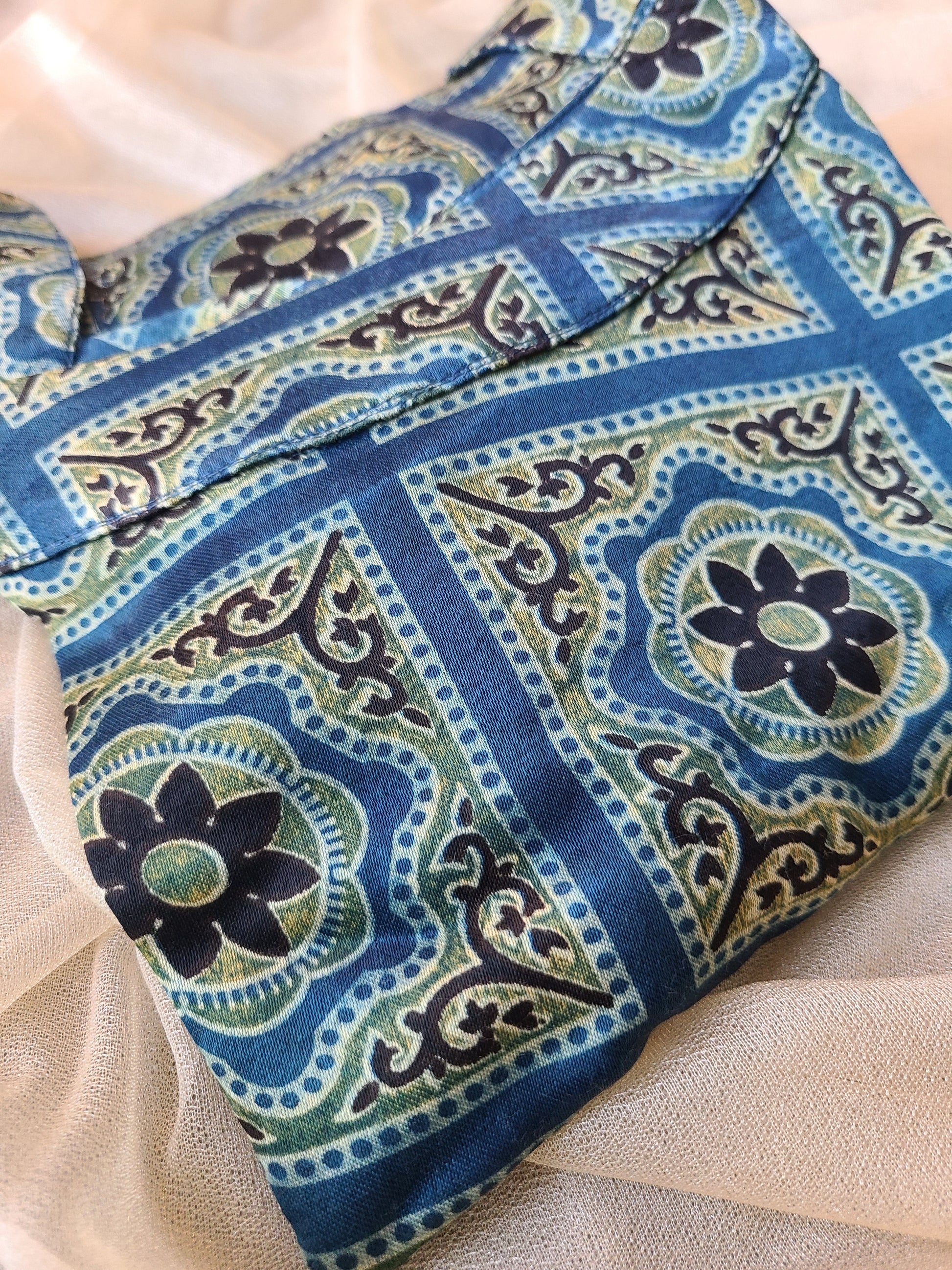 Ajrak Blue Mashru Silk, Long Kurta - My Store