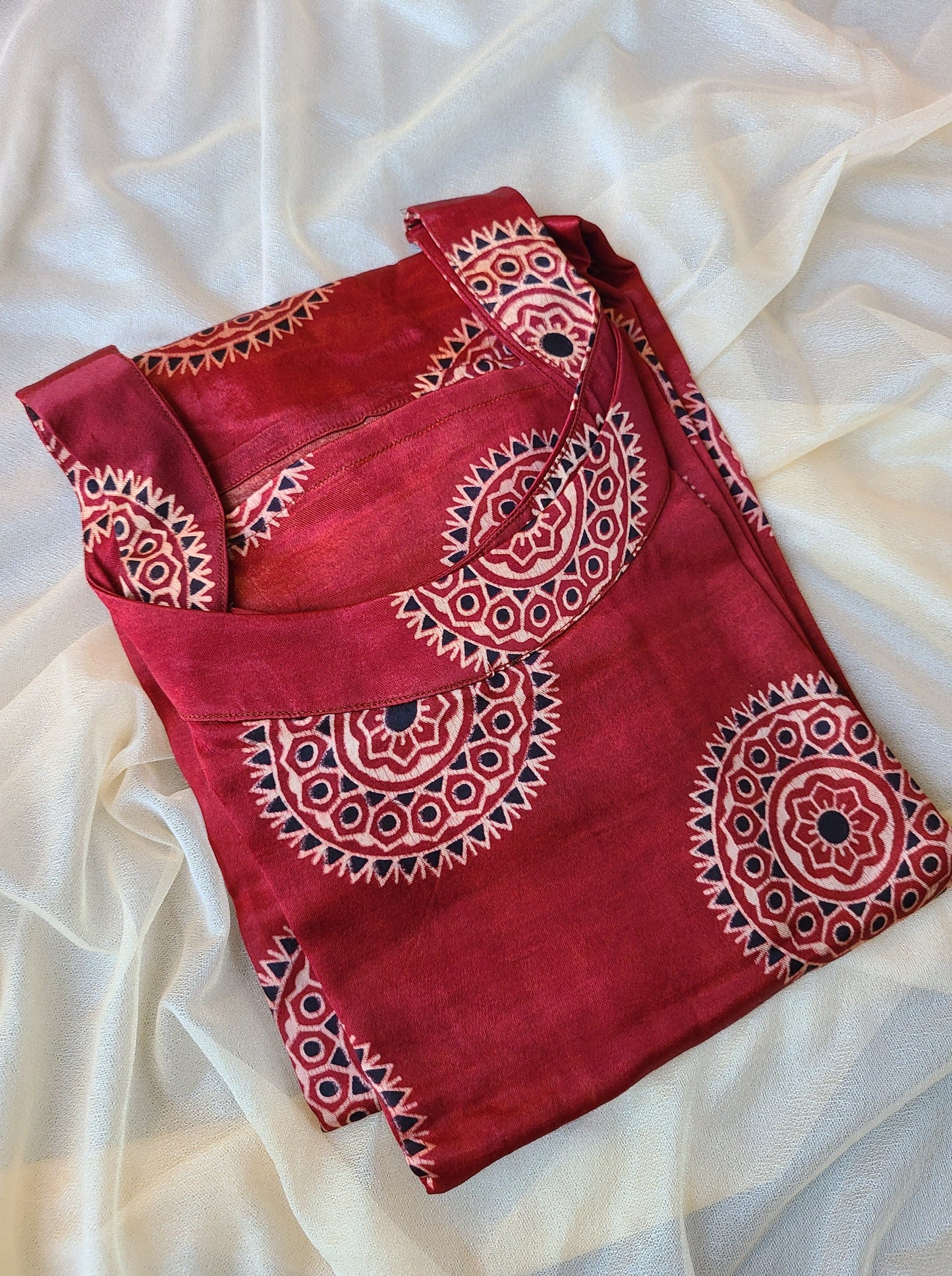 Ajrak Red Mashru Silk, Long Kurta - My Store