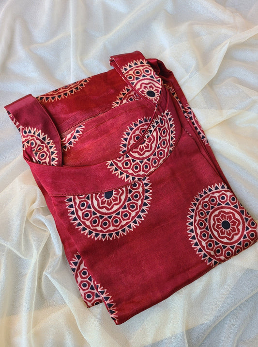 Ajrak Red Mashru Silk, Long Kurta - My Store