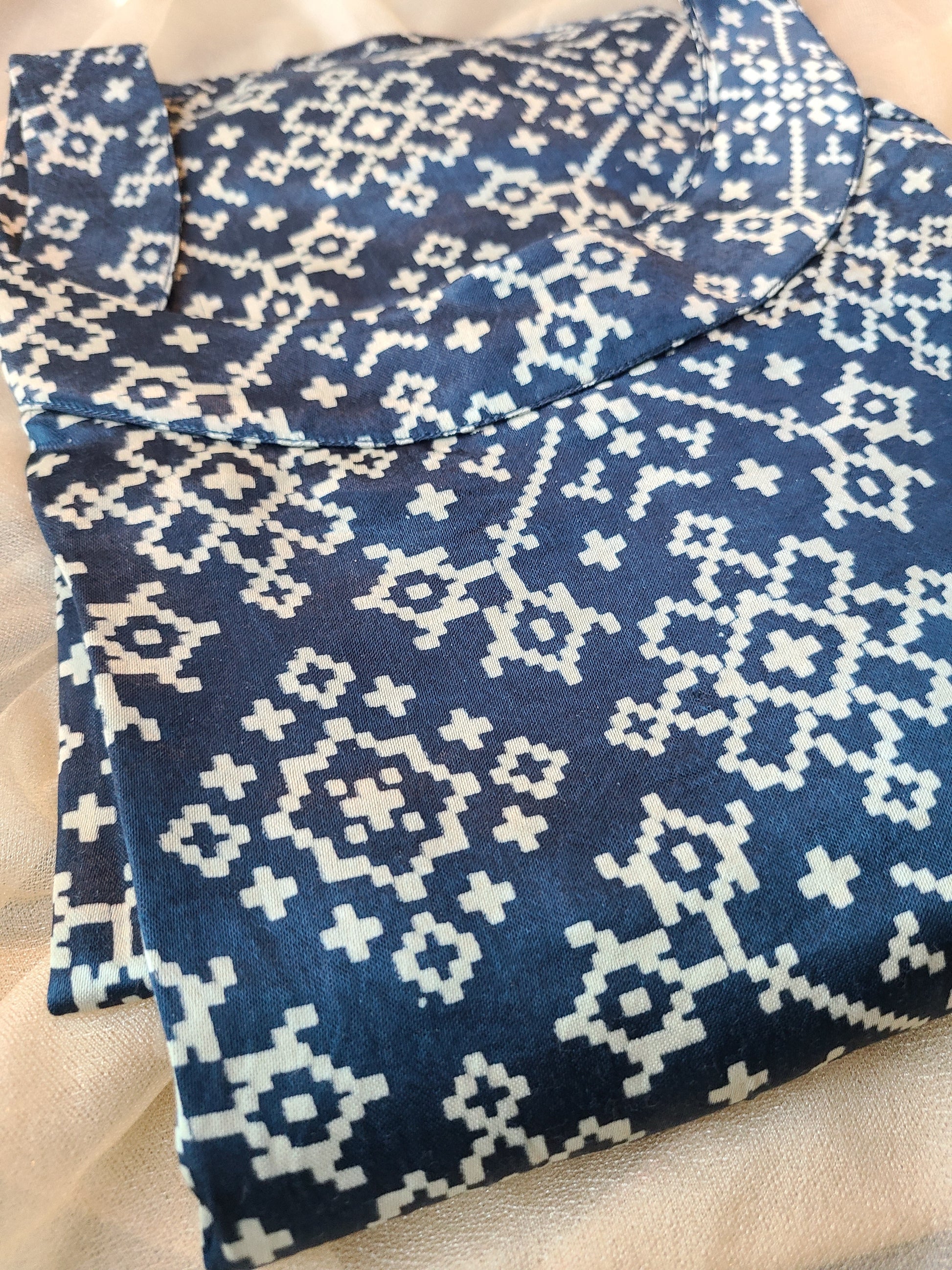 Ajrak Blue Mashru Silk, Long Kurta - My Store