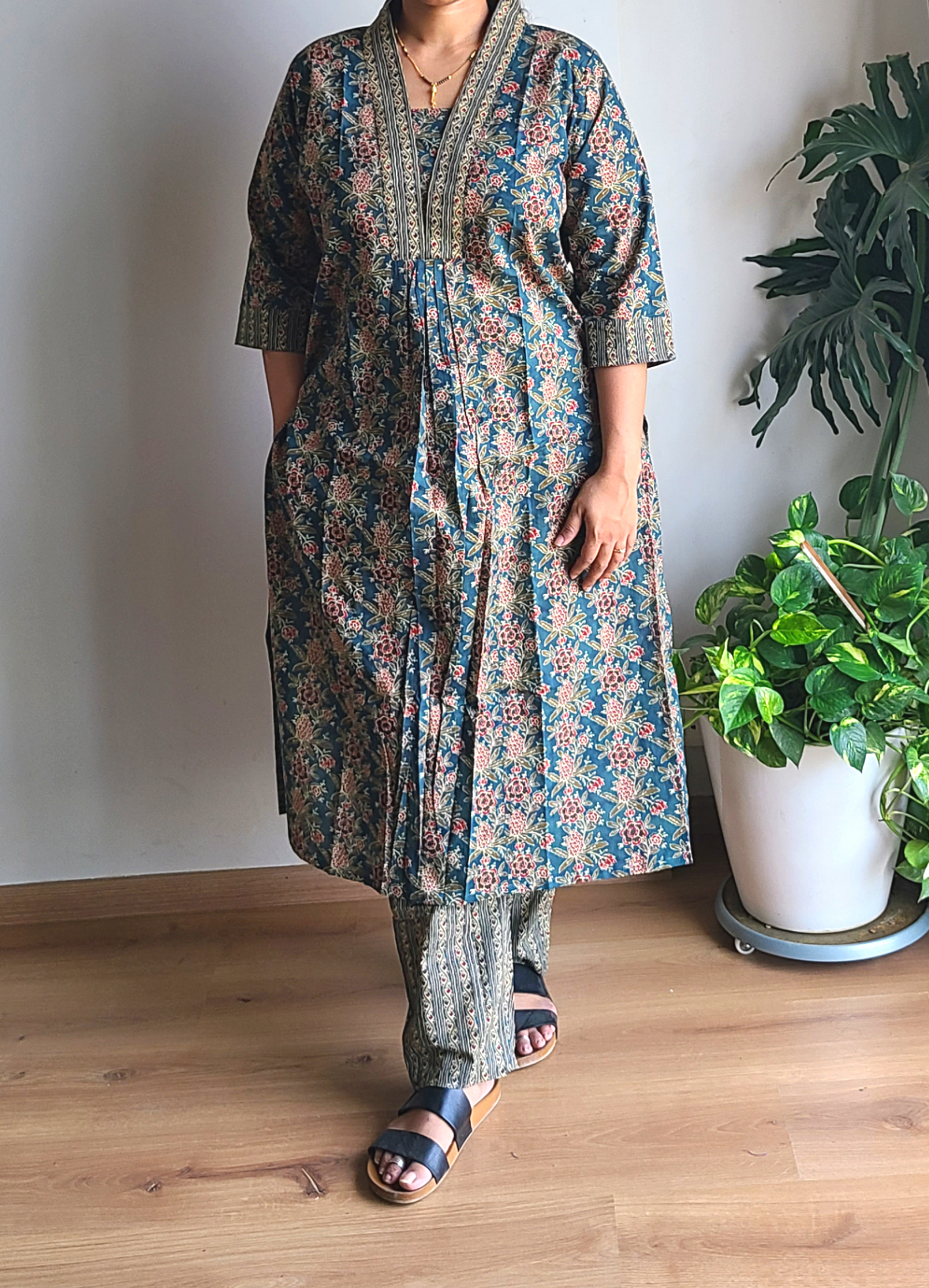 Floral Block Printed Olive green Cotton Kurta and Pant Set - My Store