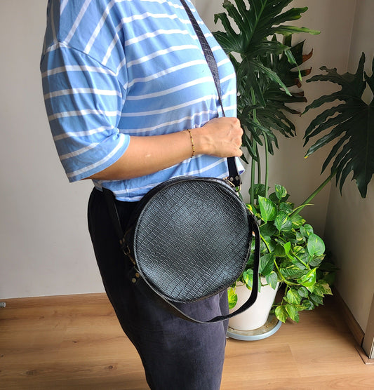 Kutch Handmade Leather Sling bag - Rattan Style round bag style