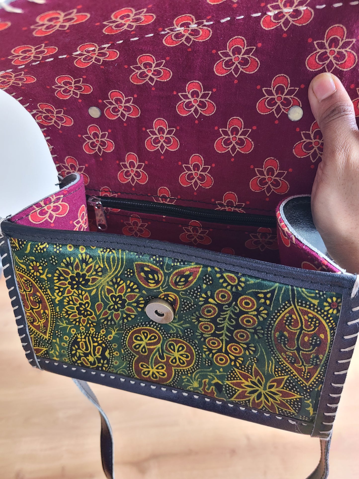 Leather Sling bag - with Ajrakh patch