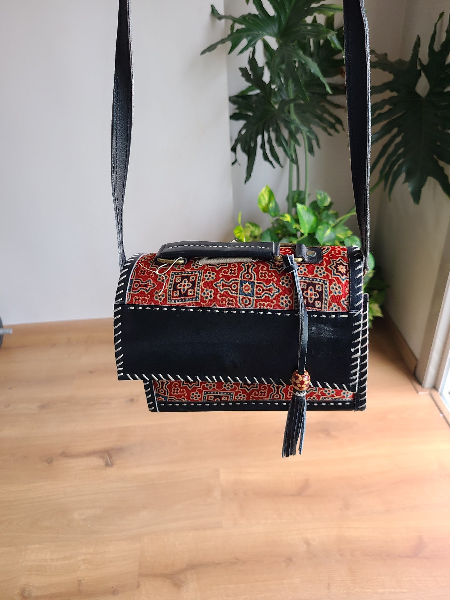 Leather Sling bag - with Ajrakh patch