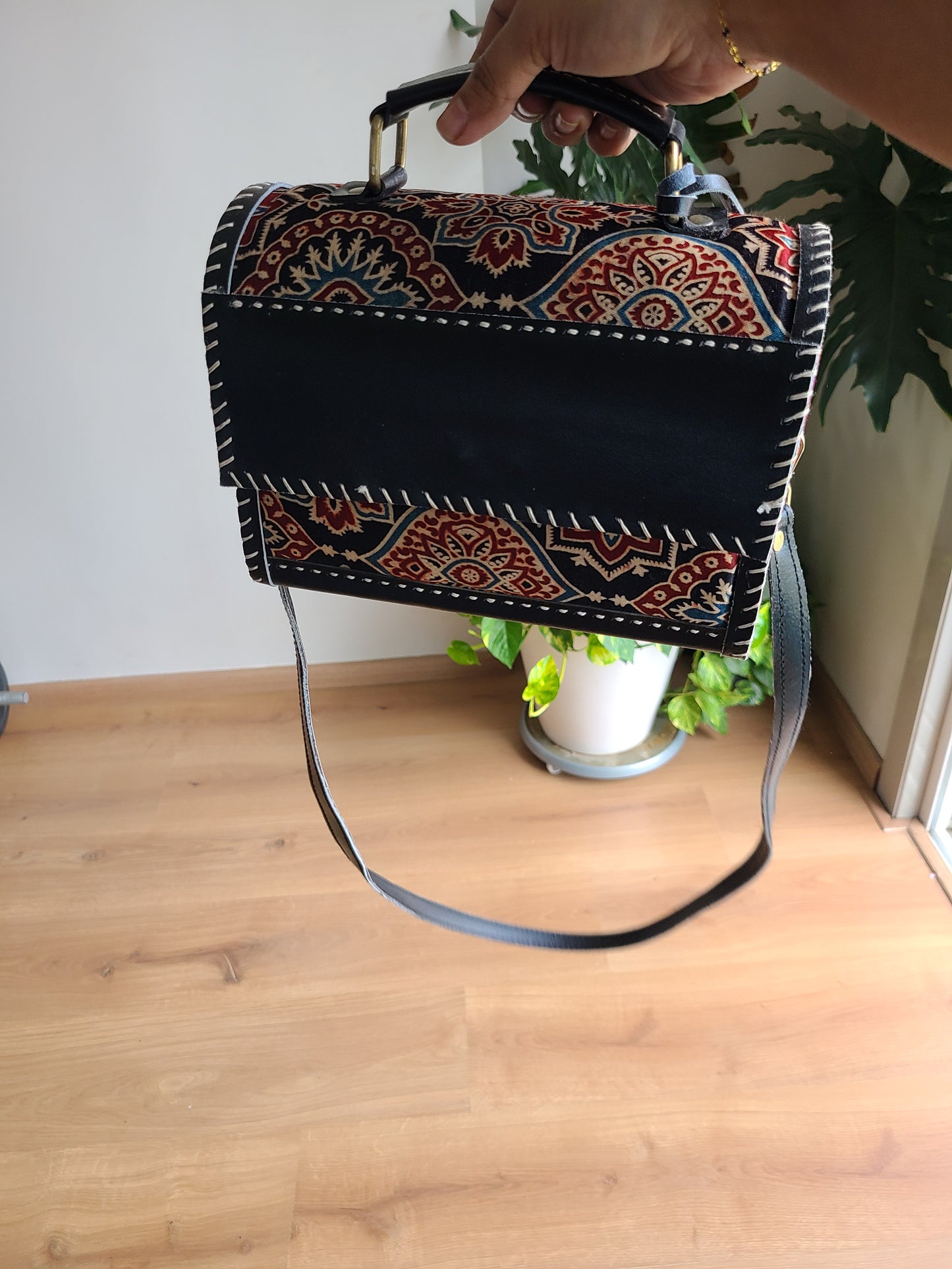 Leather Sling bag - with Ajrakh patch