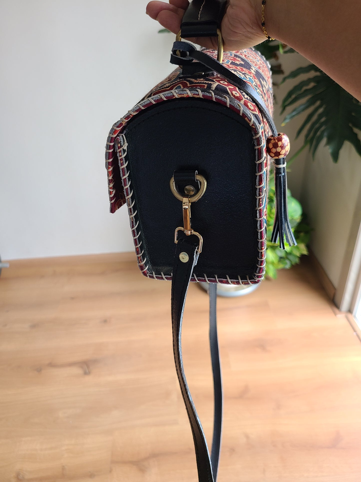 Leather Sling bag - with Ajrakh patch